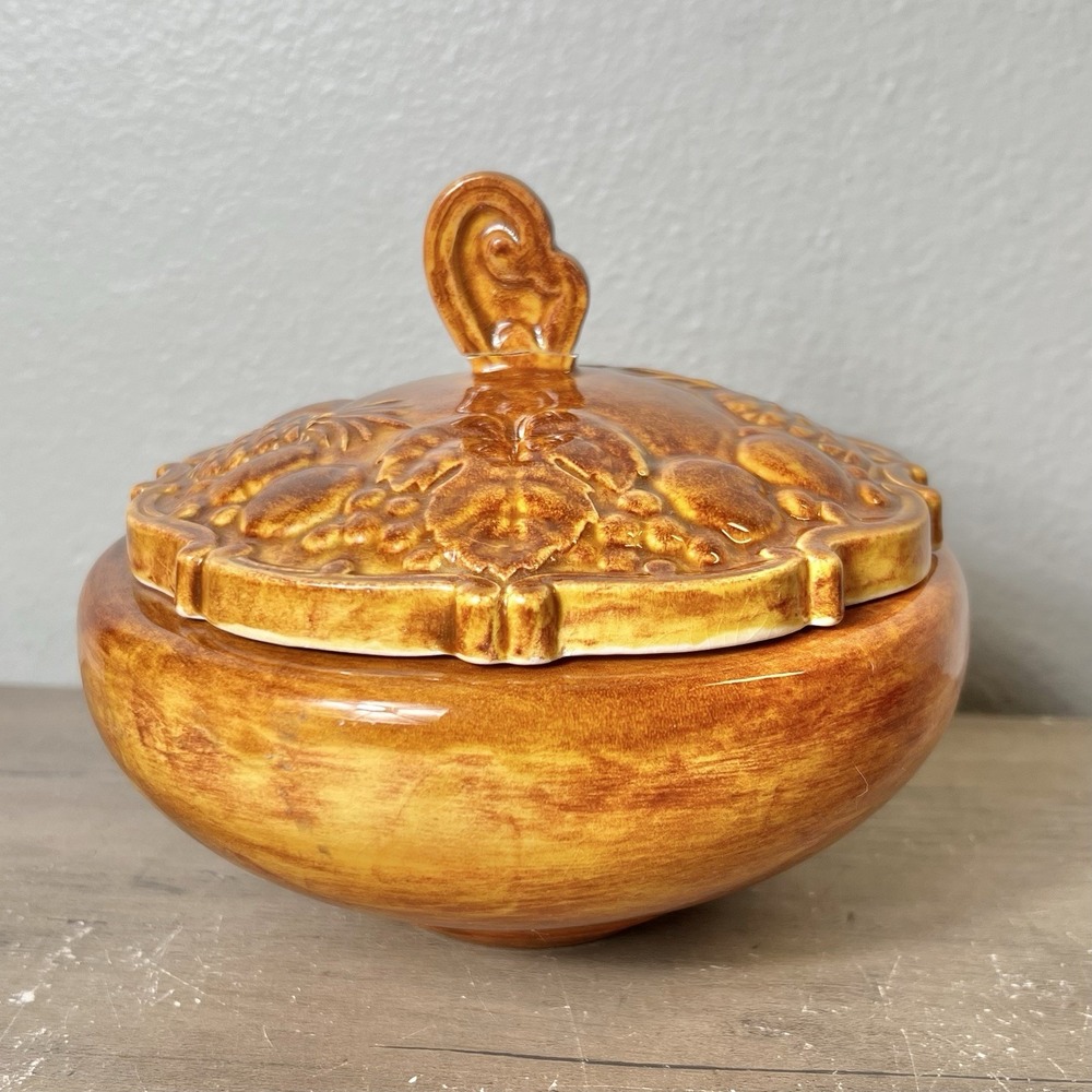 Vintage Brown Drip Glaze Covered Candy Dish Trinket Fruit Lid‎ Ceramic *FLAW